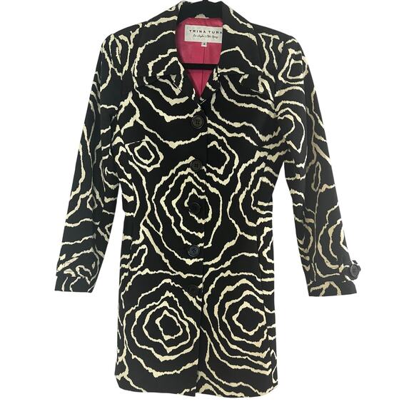 Trina Turk Size 4 Floral Printed Rain Coat Trench Overcoat Statement Black Art - Picture 2 of 10
